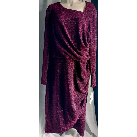 NWT Magenta Metallic Glitter Long Sleeve Sheath Dress Size 18 - Picture 2 of 10